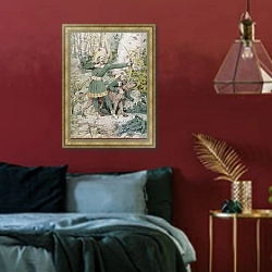 «Sketch of Robin Hood, 1852» в интерьере спальни с акцентной стеной