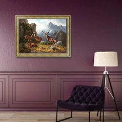 «Олень и косуля в горах» в интерьере в классическом стиле в фиолетовых тонах