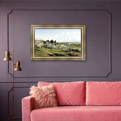«Яблони в цвету. В Малороссии. 1895» в интерьере гостиной с розовым диваном
