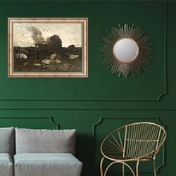 «Landscape 13» в интерьере классической гостиной с зеленой стеной над диваном