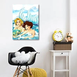 «couple of mermaids swimming with big shell» в интерьере детской комнаты для девочки с желтыми деталями