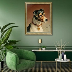 «Портрет Джек Рассел терьера» в интерьере гостиной в зеленых тонах