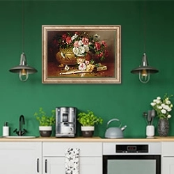 «Still Life with a Fan» в интерьере кухни с зелеными стенами