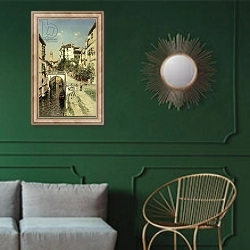 «A Venetian Canal Scene 2» в интерьере классической гостиной с зеленой стеной над диваном
