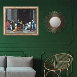 «Confirmation» в интерьере классической гостиной с зеленой стеной над диваном