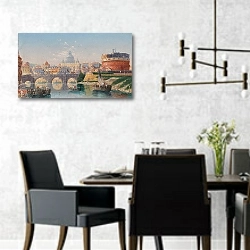 «Rome, View Of The Castel Sant’angelo» в интерьере современной столовой с черными креслами