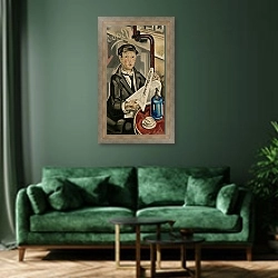 «Ле Камелот дю Рой» в интерьере зеленой гостиной над диваном