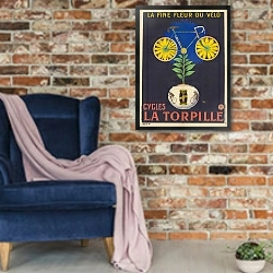 «La fine fleur du vélo. Cycles La Torpille» в интерьере в стиле лофт с кирпичной стеной и синим креслом