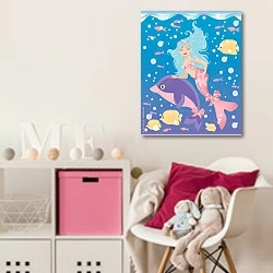 «Русалка с рыбами в море» в интерьере детской комнаты для девочки с розовыми деталями