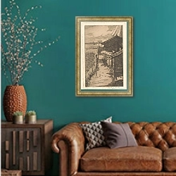 «Landschap met sloot» в интерьере гостиной с зеленой стеной над диваном