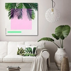«Тропические пальмовые листья на ярком фоне» в интерьере светлой гостиной в скандинавском стиле над диваном