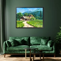«Деревенский пейзаж» в интерьере зеленой гостиной над диваном