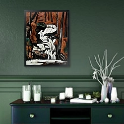 «Водопад Корюшкин ручей» в интерьере прихожей в зеленых тонах над комодом