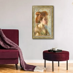 «Девушка с титяновыми волосами» в интерьере гостиной в бордовых тонах