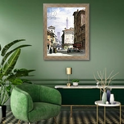 «Leaning Tower, Bologna» в интерьере гостиной в зеленых тонах