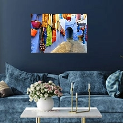«Голубой город Шефшауэн, Марокко, Африка» в интерьере современной гостиной в синем цвете