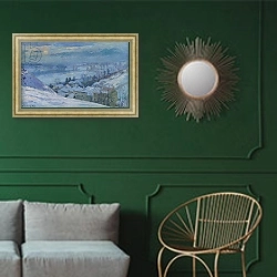 «The Village of Herblay under snow, 1895» в интерьере классической гостиной с зеленой стеной над диваном