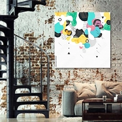 «Современная геометрическая абстракция 2» в интерьере двухярусной гостиной в стиле лофт с кирпичной стеной