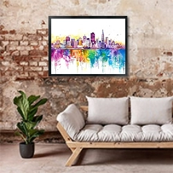 «San Francisco skyline» в интерьере гостиной в стиле лофт над диваном