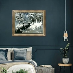 «Ручей в лесу. 1906» в интерьере классической спальни с темными стенами