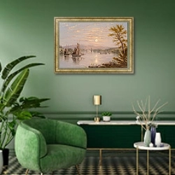 «Sunrise on Lake Champlain» в интерьере гостиной в зеленых тонах