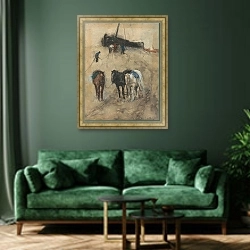 «Лошади на пляже, на заднем плане баржа и рыбаки» в интерьере зеленой гостиной над диваном