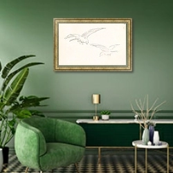 «Две птицы» в интерьере гостиной в зеленых тонах