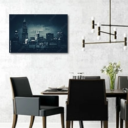 «Тёмный горизонт города Чикаго» в интерьере современной столовой с черными креслами