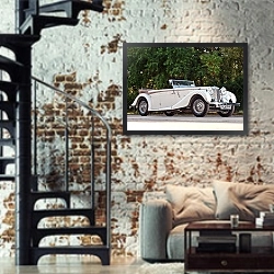«MG SA Tourer '1936–39» в интерьере двухярусной гостиной в стиле лофт с кирпичной стеной
