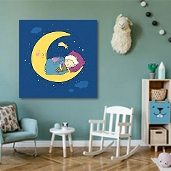 «The little prince is sleeping on the moon. Cute cartoon boy in bed» в интерьере детской комнаты для девочки в бирюзовых тонах