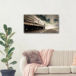 «Грузовик на шоссе №012» в интерьере современной светлой гостиной над диваном