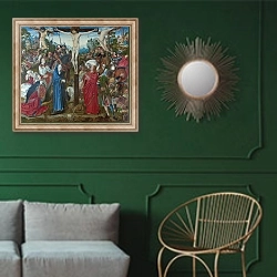 «Распятие 5» в интерьере классической гостиной с зеленой стеной над диваном