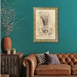 «Базар Безештейн, Эль-Хан-Халиль, Каир» в интерьере гостиной с зеленой стеной над диваном