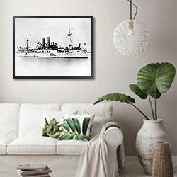 «История в черно-белых фото 57» в интерьере светлой гостиной в скандинавском стиле над диваном