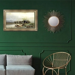 «Весна. 1866» в интерьере классической гостиной с зеленой стеной над диваном