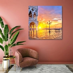 «Италия, Венеция. Площадь Сан-Марко на рассвете» в интерьере современной гостиной в розовых тонах