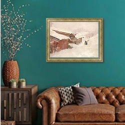 «Drifting Snow» в интерьере гостиной с зеленой стеной над диваном