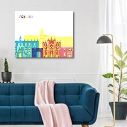 «Гранада: Цветные силуэты Альгамбры и старого города» в интерьере современной гостиной над синим диваном