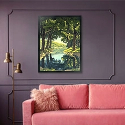 «Play of reflections in an oak forest» в интерьере гостиной с розовым диваном