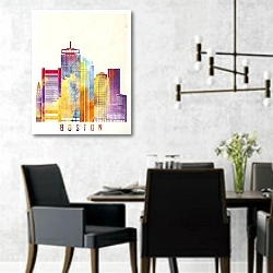 «Бостонские горизонты: акварели городской мечты» в интерьере современной столовой с черными креслами