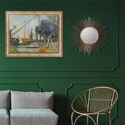 «Quai de la Rapée, Paris» в интерьере классической гостиной с зеленой стеной над диваном