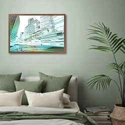 «Деловой город» в интерьере современной спальни в зеленых тонах