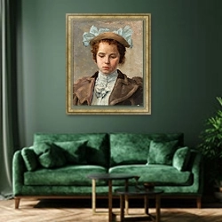 «Портретный этюд молодой девушки» в интерьере зеленой гостиной над диваном