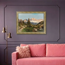 «In the Dolomites» в интерьере гостиной с розовым диваном