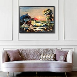 «Морской пейзаж с пальмами и чайками» в интерьере гостиной в классическом стиле над диваном