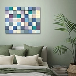 «Абстракция с квадратами пастельных цветов» в интерьере современной спальни в зеленых тонах