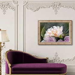 «Романтические розовые пионы, деталь» в интерьере в классическом стиле над банкеткой