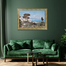 «Мальчик и ослик по дороге на рынок над Неаполитанским заливом» в интерьере зеленой гостиной над диваном