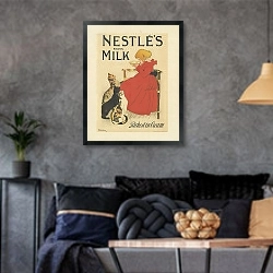 «Nestlé’s, Swiss, Milk Richest in Cream» в интерьере гостиной в стиле лофт в серых тонах