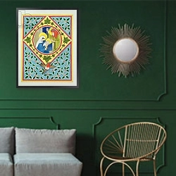«Nativity 5» в интерьере классической гостиной с зеленой стеной над диваном